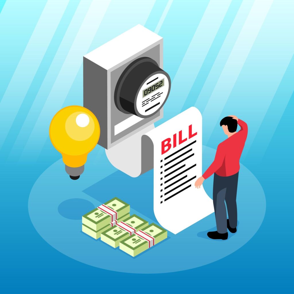 public utilities isometric composition with man character puzzled by big electricity bill vector illustration 98292 9176